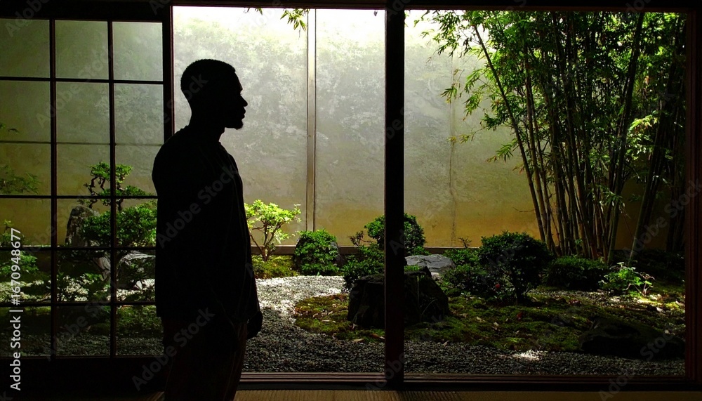 Fototapeta premium Contemplative silhouette observing serene Japanese garden with bamboo and lush greenery