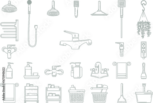 Collection of hand drawn bathroom fixtures and accessories featuring faucets toilets and shower heads in a clean sketch style