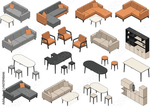 Collection of modern isometric furniture including sofas armchairs dining tables and shelving units for interior design