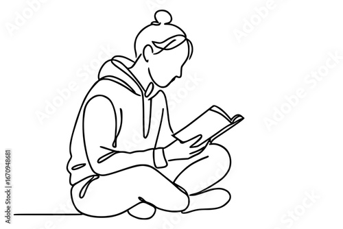 Minimalist line art illustration of a person sitting and reading a book
