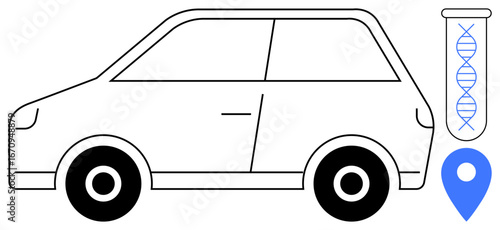 Compact car next to a DNA strand in a test tube and a geolocation pin. Ideal for biotechnology, geolocation, smart technology, innovation, transportation, futuristic themes, and scientific progress