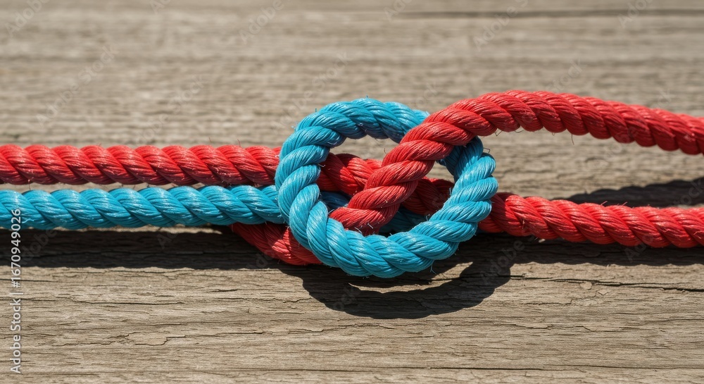 Fototapeta premium Intertwined red and blue ropes form a heart shape knot