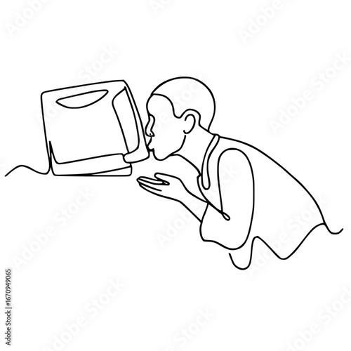 Person showing affection to a desktop computer monitor, line art illustration
