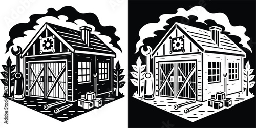 Rustic workshop with tools and smoke emitting from chimney, conveying a sense of industry and craftsmanship