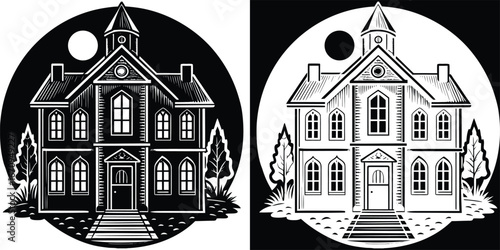 Stunning vintage mansion silhouette against moonlit night sky, evoking mystery and timeless elegance.