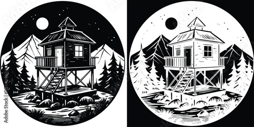 Stunning cabin nestled amongst pine trees with majestic mountains under a starry night sky, perfect for adventure themes.