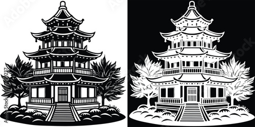Exquisite traditional Asian pagoda structure with lush foliage and ascending steps