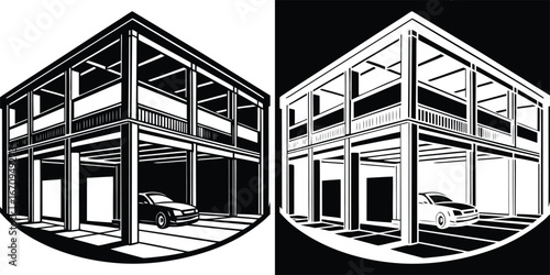 Stunning modern architectural home design featuring a sleek car parked in the spacious open-air garage below