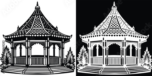 Elegant ornate gazebo structure architectural design in black and white silhouette