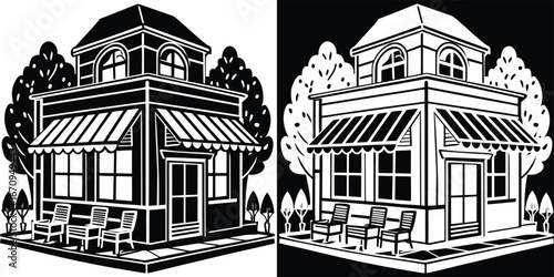 Charming corner cafe with outdoor seating and leafy trees beckons a relaxing coffee break or casual meeting