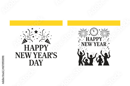 Festive New Year Celebration Graphics Happy New Years Day and Silhouetted People Vector Illustration
