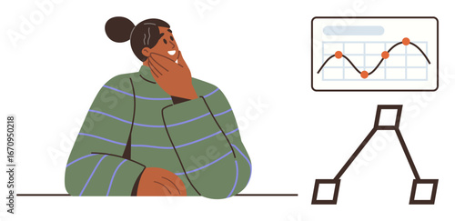 Woman in green sweater contemplating business analysis with line graph showing data fluctuation and a decision tree chart. Ideal for strategy, analytics, planning, education, decision-making