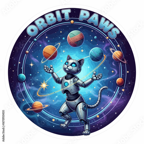 Whimsical robotic cat juggles yarn balls amidst planets and stars in cosmic space juggling universe galaxy