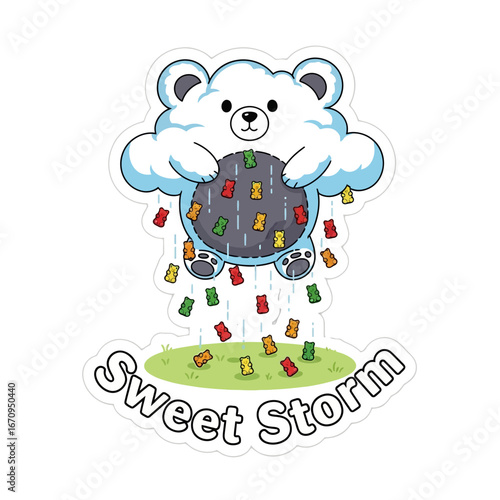 Cute cartoon cloud bear showering colorful gummy bears onto a grassy landscape with lettering Candy Sweet