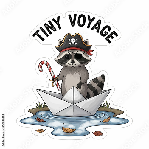 Cute raccoon dressed as a pirate in a paper boat holding a candy cane sword Animal Cartoon Illustration