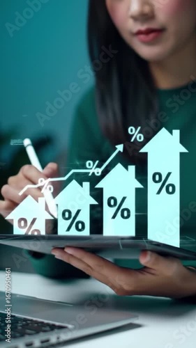 Woman Analyzing Real Estate Investment Trends on Digital Tablet with Rising House Prices Graph