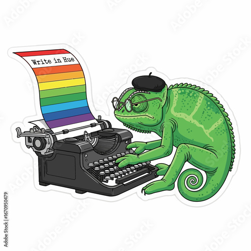 Green chameleon wearing beret and glasses types on vintage typewriter with rainbow paper Writing Animal