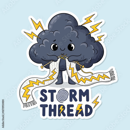 A distressed cartoon storm cloud character knitting a lightning bolt patterned scarf yarn needles weather