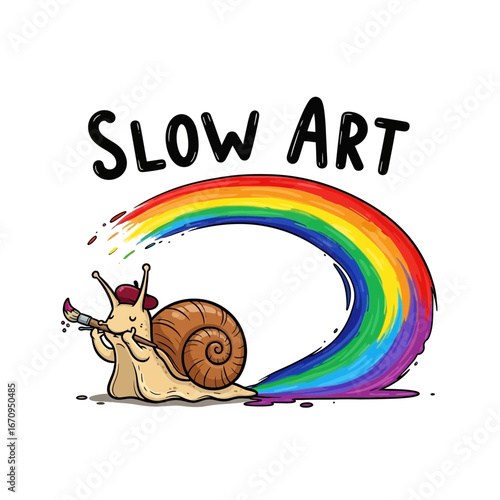 Cartoon snail with paintbrush creating a vibrant rainbow arc text reads SLOW ART painting creative colorful