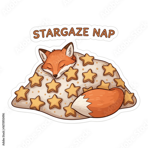 A cute cartoon fox sleeps peacefully under a starry blanket sleeping animal stars night cozy adorable