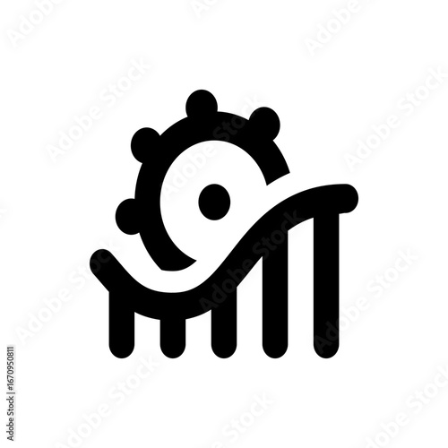Illustration of a roller coaster with a gear element in black and white simple icon design style theme park