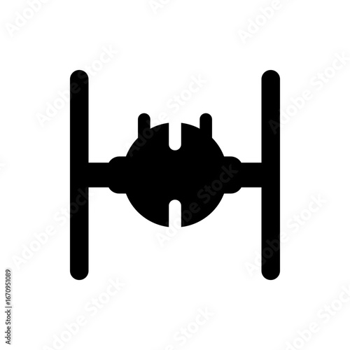 Black silhouette of a tie fighter with circular center and vertical wings on a white background image view