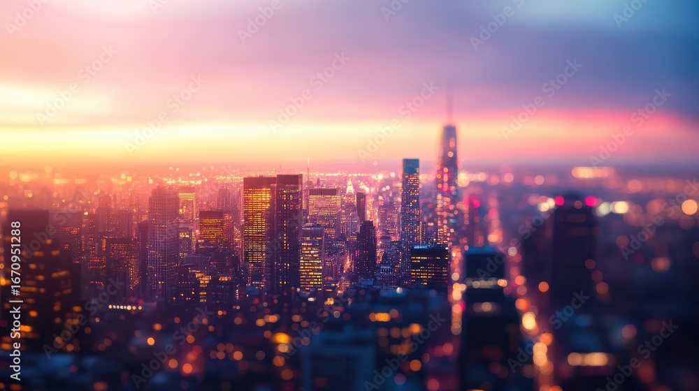 Fototapeta premium skyscrapers reflecting golden and pink hues. The streets below begin to light up as the city transitions from day to night. The background is softly blurred