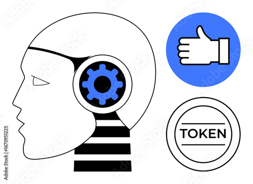 Robotic head with gear symbolizing AI and automation, thumbs-up for approval or social interaction, and token signifying blockchain or digital currency. Ideal for AI, technology, fintech, business