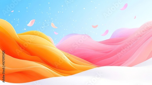 A vibrant abstract landscape with flowing colors and soft textures against a bright sky.