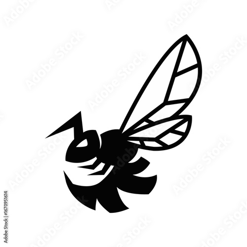 Stylized Black and White Bee Logo Design. Modern Graphic Hornet Insect Illustration Flying.