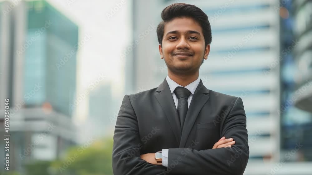 Young man in suit and tie, smiling confidently in an office environment. Professional businessman with modern attire in urban setting. Young man in suit and tie, smiling confidently in an office environment. Professional businessman with modern attire in urban setting.