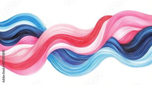 Abstract design featuring flowing waves of colorful lines in pink, red, blue, and white.