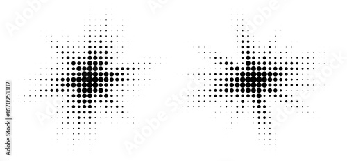 Halftone burst effect, dot pattern texture, abstract explosion splash isolated on white. Vector illustration.
