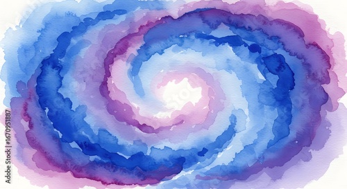 Swirling galaxy painted in watercolor, showcasing vibrant blue and purple hues with a soft center glow