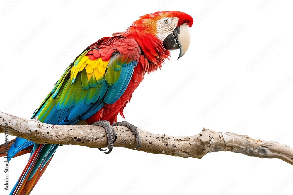Obraz premium Colorful parrot perched on branch, isolated on white background, studio style.