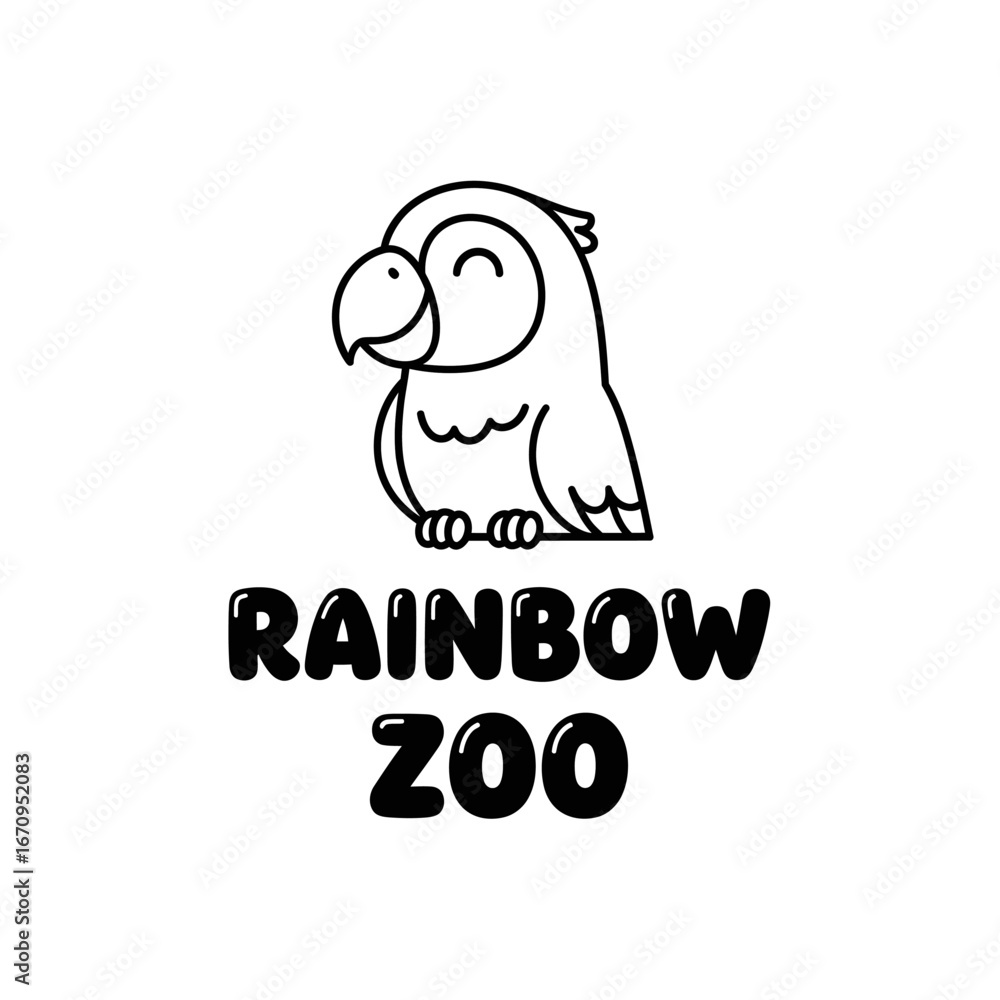 Obraz premium Cute parrot logo for Rainbow Zoo. Black and white illustration.