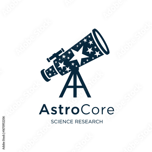 AstroCore logo featuring a telescope adorned with stars, symbolizing scientific exploration of the universe.