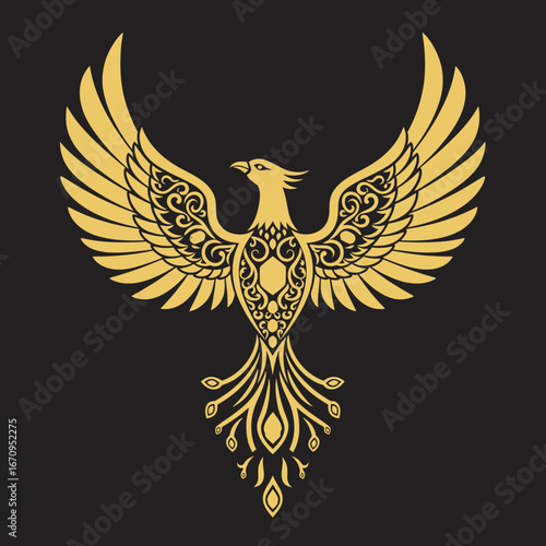 A majestic golden phoenix, richly adorned with intricate details, against a dark background.  Symbol of rebirth.