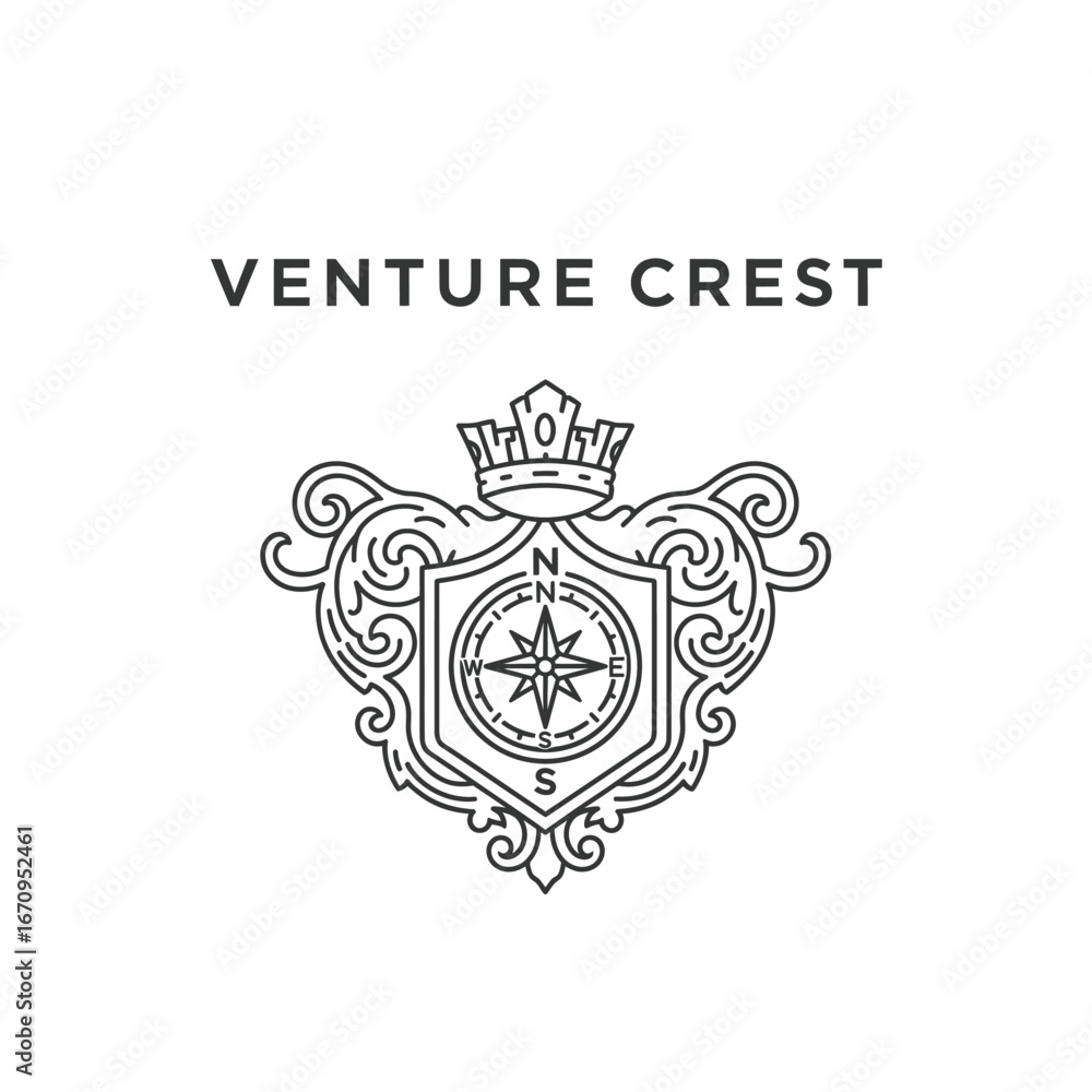 Obraz premium A sophisticated logo featuring a compass, crown, and ornate crest. Perfect for businesses seeking a regal and adventurous image.