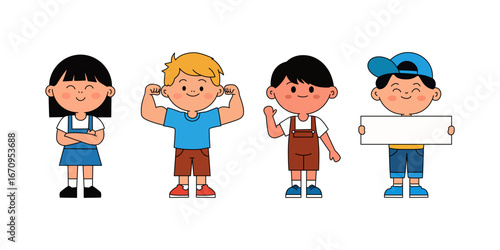 Four cheerful kids displaying different poses for a blank sign.