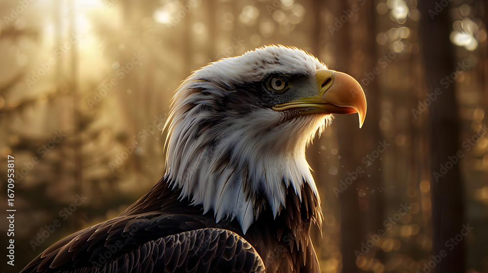 Fototapeta premium Majestic bald eagle portrait with a sunlit forest background at sunrise.