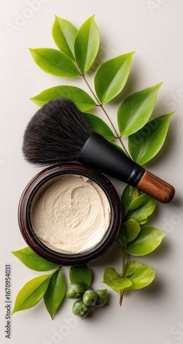 Light beige face cream in a dark wooden bowl, alongside a black makeup brush and fresh green leaves