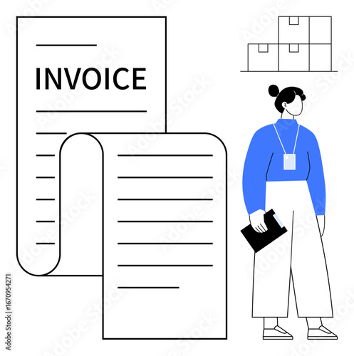 Large invoice paper, warehouse staff with clipboard, inventory boxes. Ideal for logistics, inventory, bookkeeping, management, organization, shipping billing simple flat metaphor