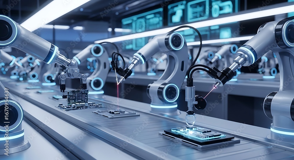 Fototapeta premium Robotic arms in a high-tech manufacturing process utilizing laser technology for precision assembly
