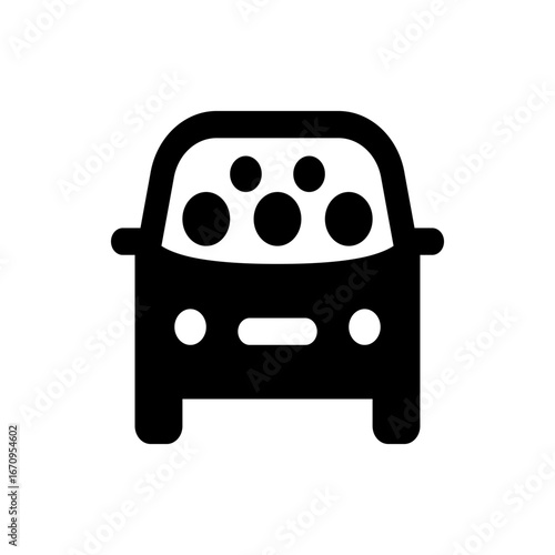 Illustration of a black car with round shapes in the windshield and headlights on a white background