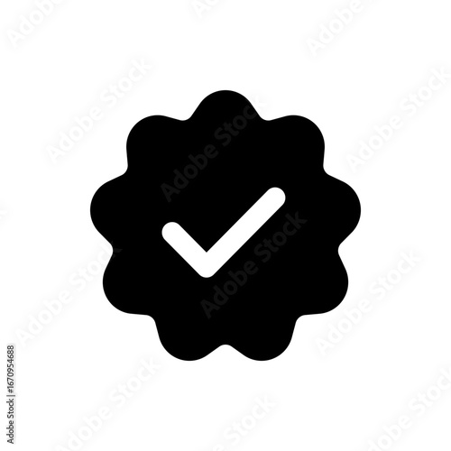 Black irregularly shaped badge containing a white checkmark indicating verification and approval status