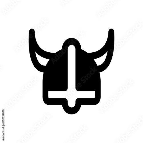 Illustration of a black viking helmet with horns and a central stripe on a white background view front