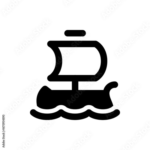 Silhouette of a simple boat with a curved sail and rounded hull floating on wavy water in black and white