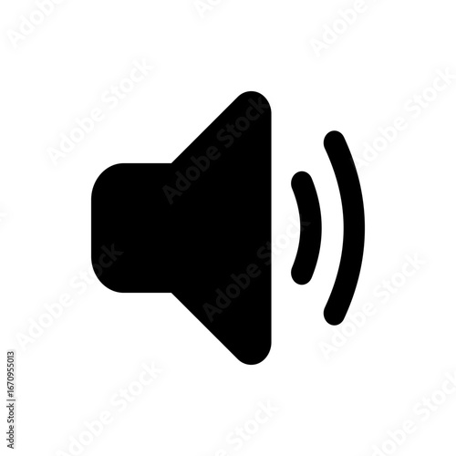 Black volume icon with sound waves emanating from it indicating audio output on a white background plane