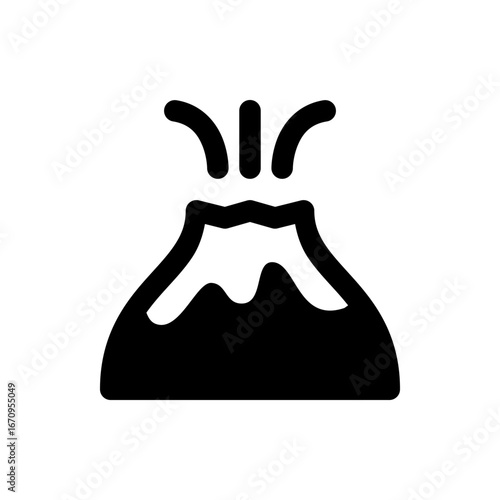 Illustration of a stylized black volcano with white snow and three plumes of smoke rising upwards